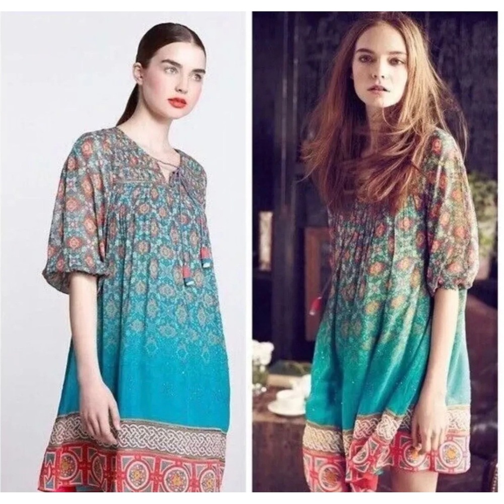 Tanvi Kedia Tunic Dress Womens Small Teal Blue Boho Paisley Beaded Tassel Rayon